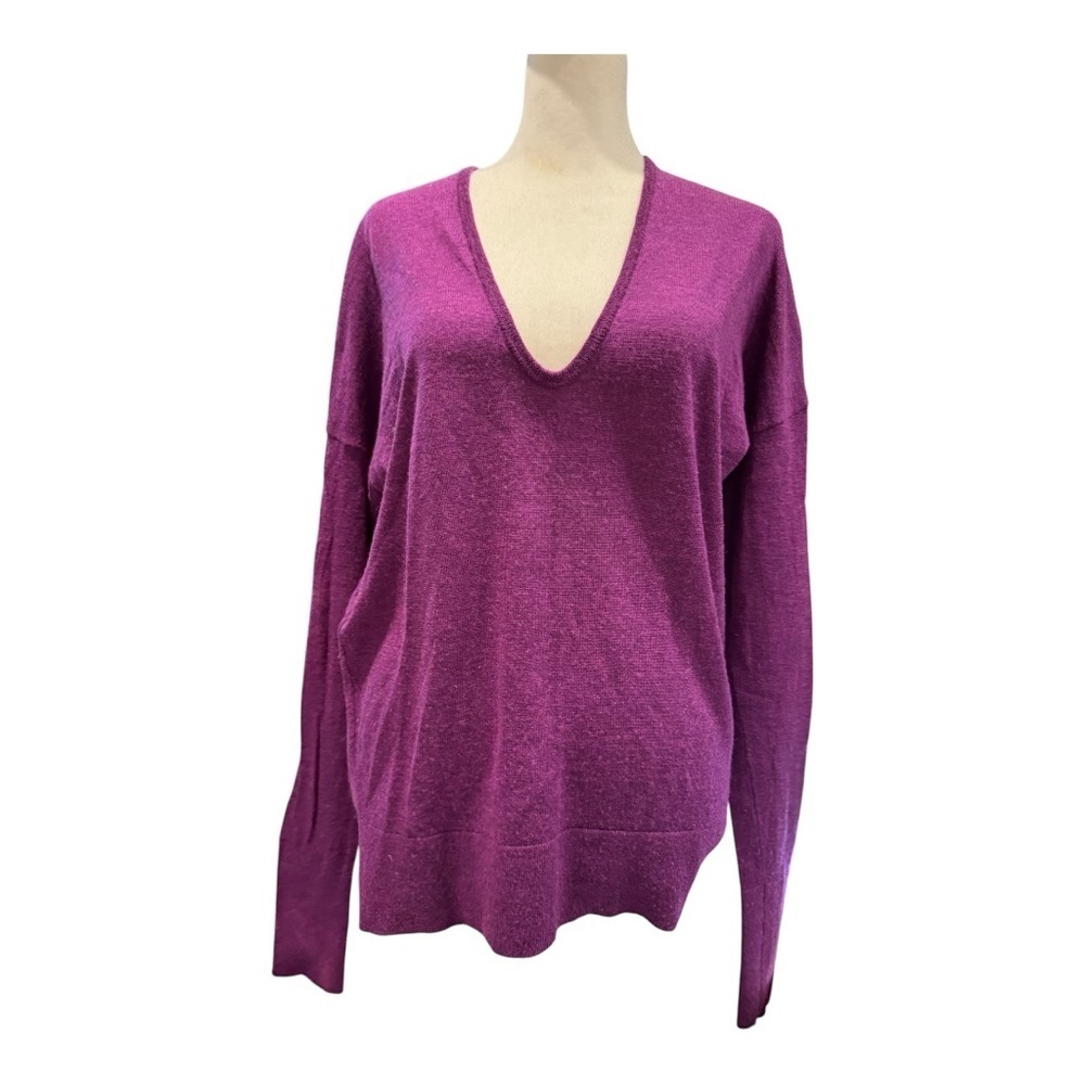 Lands' End Magenta Merino Wool V-Neck Sweater Size L - 100% Wool